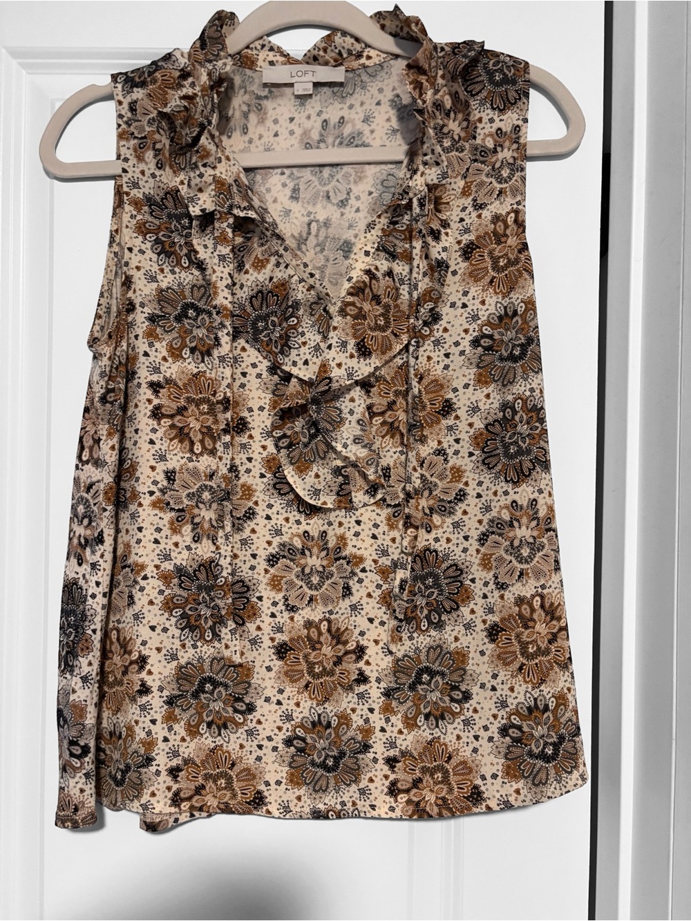 LOFT Floral Ruffle Sleeveless Blouse in Beige, Brown and Black
